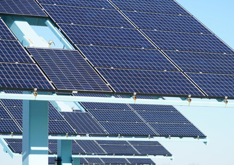 close up on solar panels in a row in the solar station