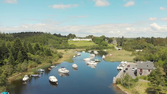 An aerial view of Lisloughrey Pier near the town of Cong on the County Mayo and County Galway border in Ireland.