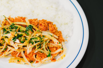  Thai cuisine mix spicy fried chicken with rice isolated on black background