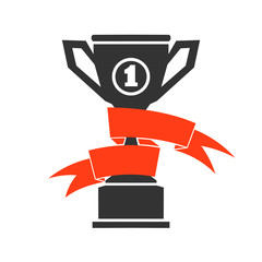 Victory cup symbol with red ribbon vector icon.