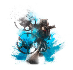 Old film projector with colored explosion