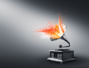 Gramophone exploding with colored powder