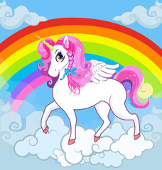 Obraz na płótnie Canvas White unicorn with pink mane on sky with rainbow and clouds
