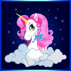 Cartoon white unicorn head with pink hair and plaid bow portrait on night sky with cloud background.