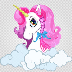 Cartoon white pony unicorn head with pink hair portrait in curly clouds clip art