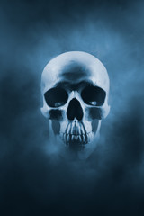 high contrast image of a skull in a smoke cloud
