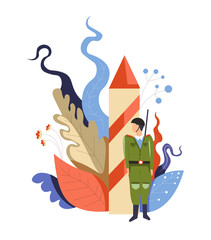 Army soldier and rocket abstract plants and trees isolated icon