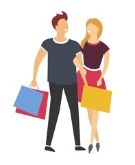 Shopping man and woman or couple with bags or packs isolated icon