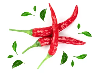 Papier Peint photo Piments forts red hot chili peppers decorated with green leaves isolated on white background. Top view. Flat lay pattern