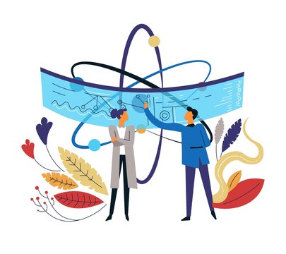 Scientists and atom plants and scheme isolated icon man and woman