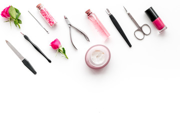 manicure tools set for nail care on white background top view mock up