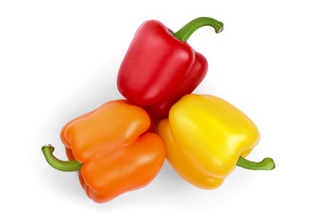 yellow orange and red sweet bell pepper isolated on white backgro. Top view. Flat lay