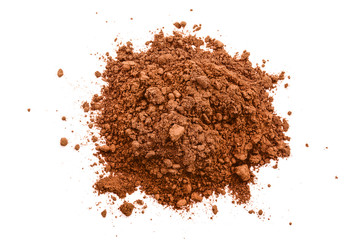 pile of cocoa powder isolated on white background. Top view. Flat lay