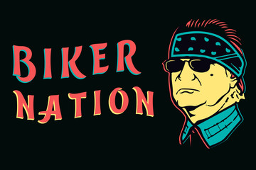 Biker nation with man face isolated cartoon illustration in neon style