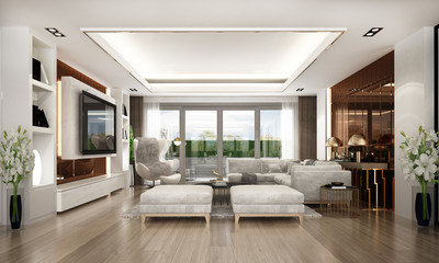 Modern luxury living room interior design and copper texture wall pattern background 