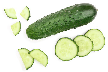 Cucumber slices isolated on white background. Top view. Flat lay pattern. Set or collection
