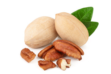 pecan nut with green leaves isolated on white background