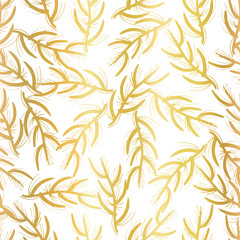 Fototapeta na wymiar Gold foil florals seamless vector background. Golden abstract wildflower grass shapes on white background. Elegant, luxurious pattern - scrap booking, banner, packaging, wedding, party, invite, blog