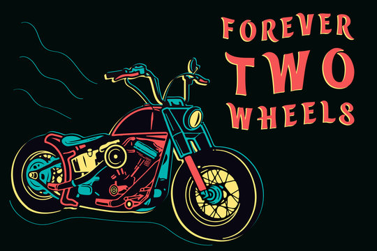 Isolated colorful retro motorcycle design in neon style on dark background, forever two wheels vector illustration