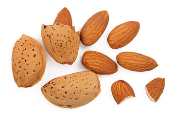 almonds isolated on white background. Top view. Flat lay pattern