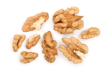 peelled Walnuts isolated on white background. Top view. Flat lay