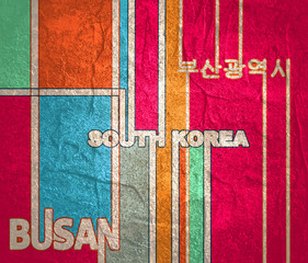 Image relative to South Korea travel theme. Text in geometry style design. Creative vintage typography poster concept. Korean word translated as Busan