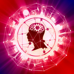 Circle with industry relative silhouettes and head icon. Objects located around the circle. Molecule and communication texture. Connected lines with dots. Gears group as a symbol of a brains