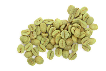green coffee beans isolated on white background close up. Top view. Flat lay