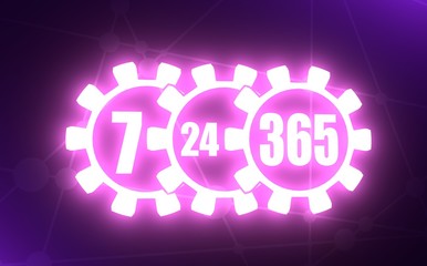 7 day 24 hours 365 day time operation mode in gears. Neon light illumination. 3D rendering