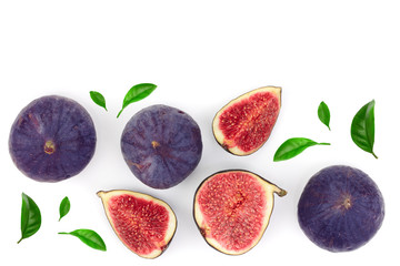 fig fruits with leaves isolated on white background with copy space for your text. Top view. Flat lay pattern