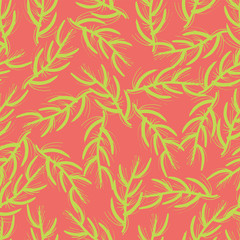 Seamless vector background exotic floral grass shapes neon colors. Green abstract scattered fern leaf pattern on pink backdrop. Design for fabric, vacation, home decor, web banner, digital paper.