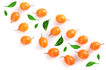 Sea buckthorn. Fresh ripe berry with leaves isolated on white background with copy space for your text. Top view. Flat lay pattern