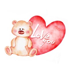 Card with cute teddy bear and red heart. Watercolor style