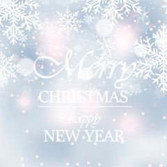 Blurred Christmas background with snowflakes and blue sky. Vector