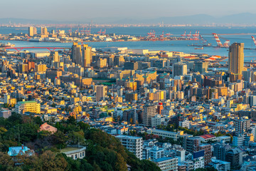 Fototapeta na wymiar beautiful sunset panoramic aerial cityscape of Kobe city, Japan, panorama
