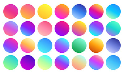 Vivid gradient spheres. Minimalist multicolor circles, abstract 80s vibrant colors and modern gradients sphere isolated vector set - obrazy, fototapety, plakaty