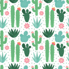 Seamless cactus pattern. Exotic desert cacti houseplants, repeating cactuses vector background © Tartila