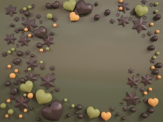 Festive decor with hearts, balls and stars on a green background. Empty space in the center. 3D illustration
