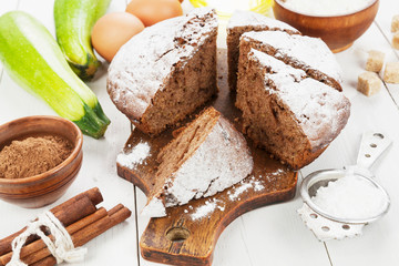 Chocolate cake with zucchini on a table