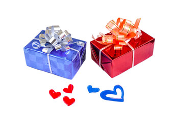 Blue red gift box red blue hearts on white isolate background