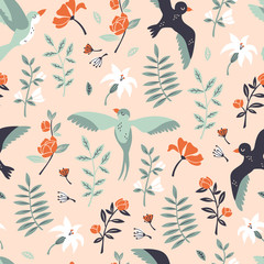 Floral Seamless Pattern with Flying Birds. Vector Hand Drawn Pattern.