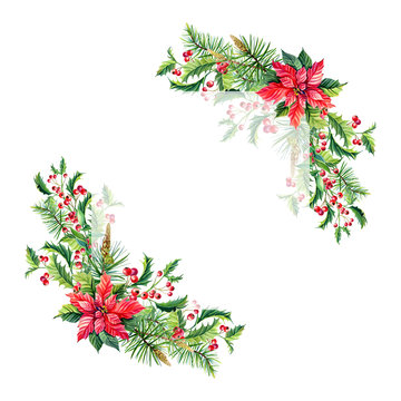 Watercolor Merry Christmas Frame with Red poinsettia flowers,Holly,leaves,berries,pine,spruce,green twigs on white