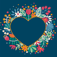 Vector decorative floral embroidery pattern, Heart shape ornament for greeting card, textile or interior decor. Happy Valentine's day design. Bohemian handmade style background.