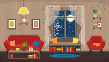 Living room with chair, sofa, window, bookshelf. Flat сozy interior in cartoon style.