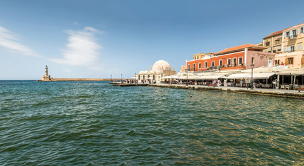 Naklejka premium Old city Chania panorama near sea