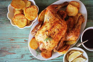 Whole roasted chicken with potatoes and lemon. Top view