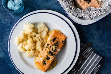 Solomon fillet with pineapple and cauliflower. Fish with vegetables.