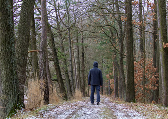 Obraz premium Young man standing on winter forest path in jacket