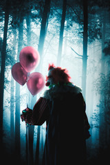 scary clowns holding balloons in a forest