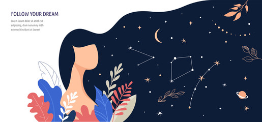 Feminine concept illustration, beautiful woman, hair night sky full of stars. Character decorated with flowers and leaves.